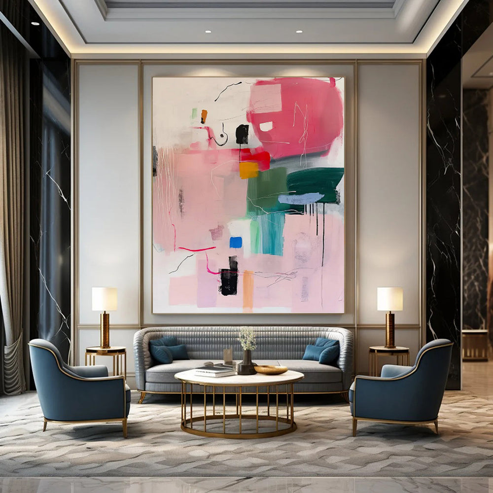“Pink - Dominant Abstract Composition” - Pink, Green, Blue & Yellow Modernist Painting On Canvas DKH0998