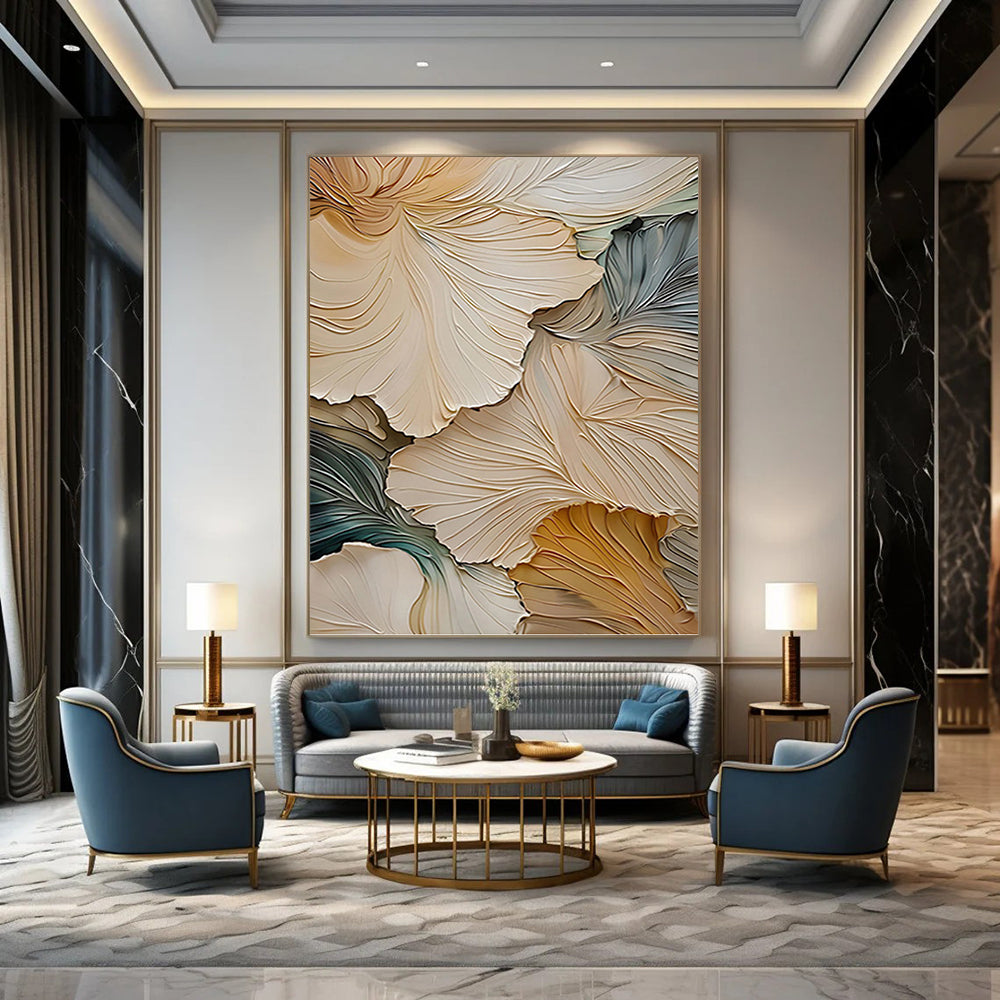 3D Floral Petals in Beige and Blue - Textured Floral Painting On Canvas DKH1385