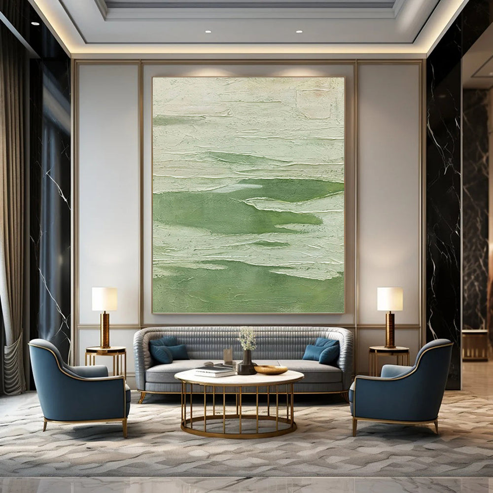 “Textured Green & White Layers” - Green & White Textured Abstract Painting On Canvas DKH1217