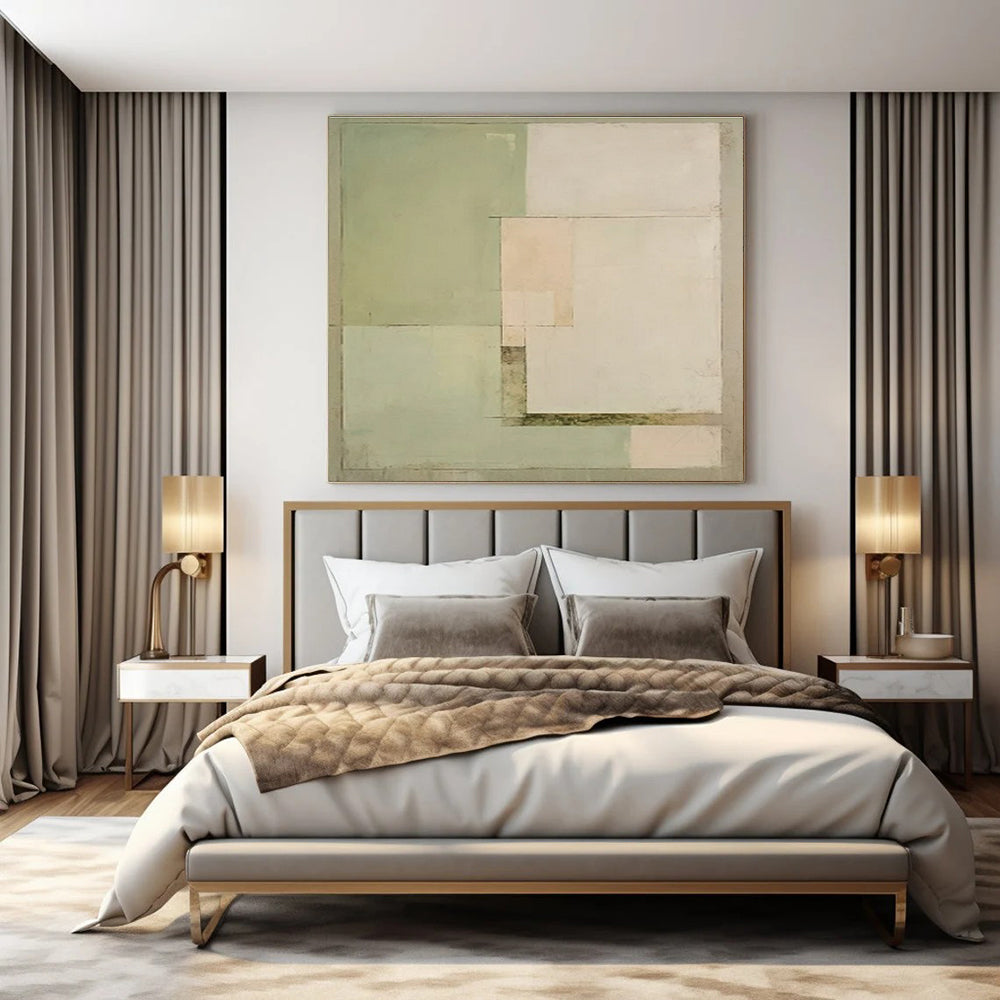 Pale Greens, Whites & Browns, Minimalist Geometry - "Quiet Harmony" - Abstract Acrylic Painting CT1443