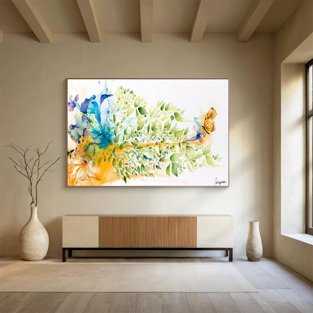 “Vibrant Floral and Butterfly” Watercolor - Style Nature Painting On Canvas DKH537
