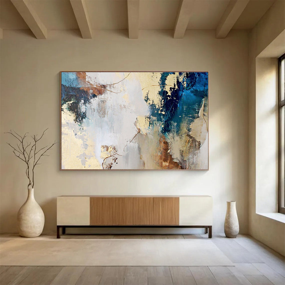 Brown, Blue, and Gold Abstract “Earthly Elegant Abstraction” Painting On Canvas DKH130