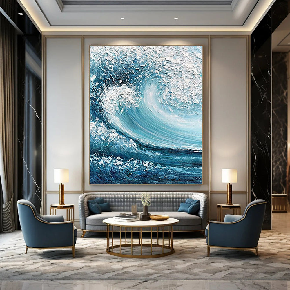 “Blue, White Impasto Wave ‘Crashing Power’” - Textured Sea Wave Painting On Canvas DTP322