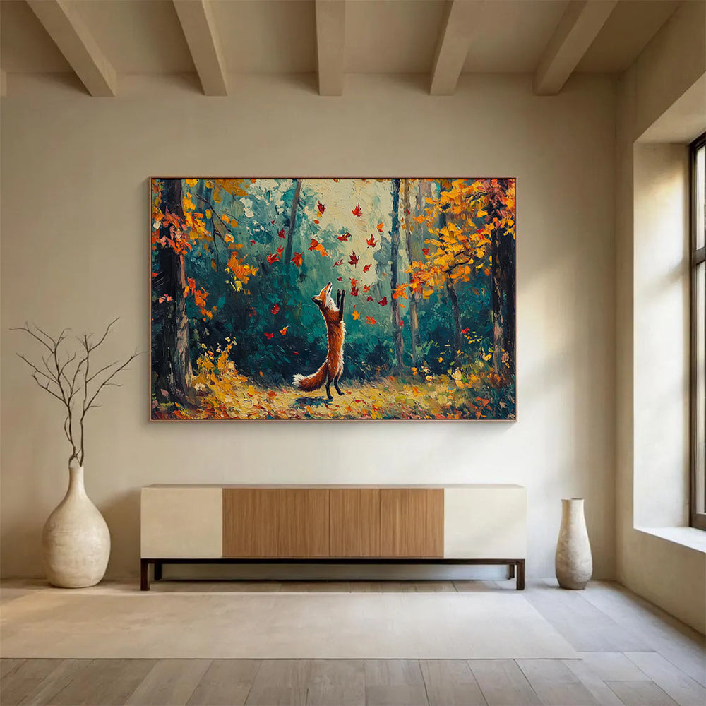 “Autumn Fox Frolic” - Orange, Yellow, Red Forest & Animal Oil Painting On Canvas DKH701