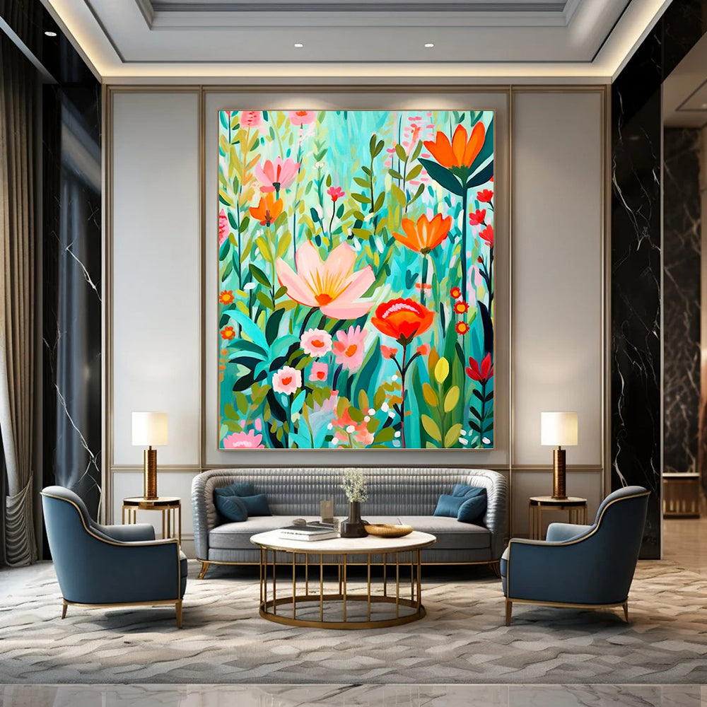 “Flat - Style Floral Field” - Colorful Flat - Design Floral Field Painting On Canvas DKH1595