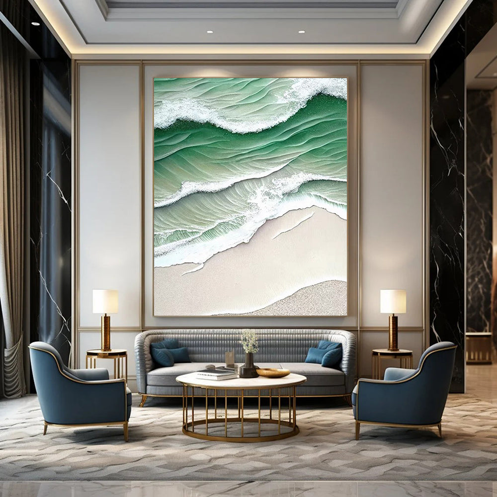 “Green - White Wave Aerial” - Green, White, Beige Coastal Aerial Painting On Canvas DTP290