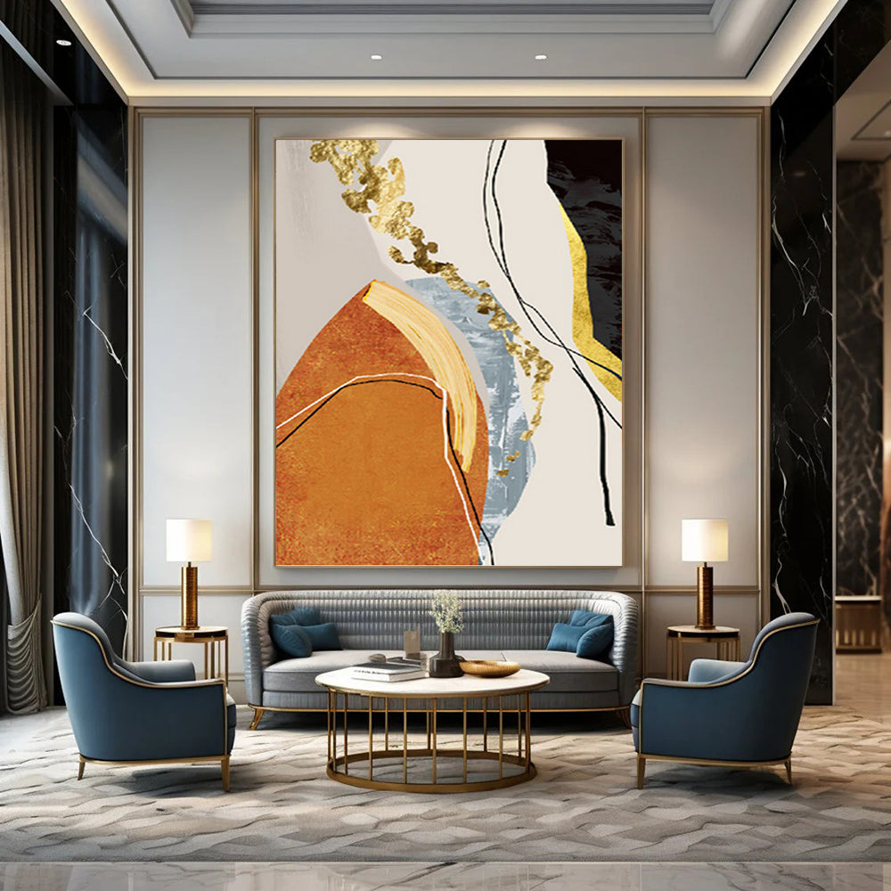 “Golden Fusion” - Orange, Gold, Blue & Black Abstract Shapes Painting On Canvas DKH1515
