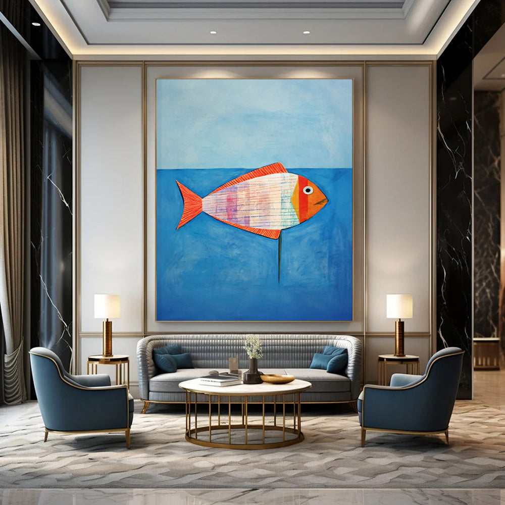 Colorful Striped Fish, Blue Sea - "Patchwork Fish" - Naive Art - style Painting CT1836