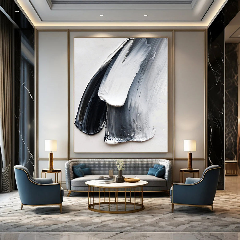 “Black - White - Gray Textured Strokes” - Minimalist Impasto Painting On Canvas DKH1676