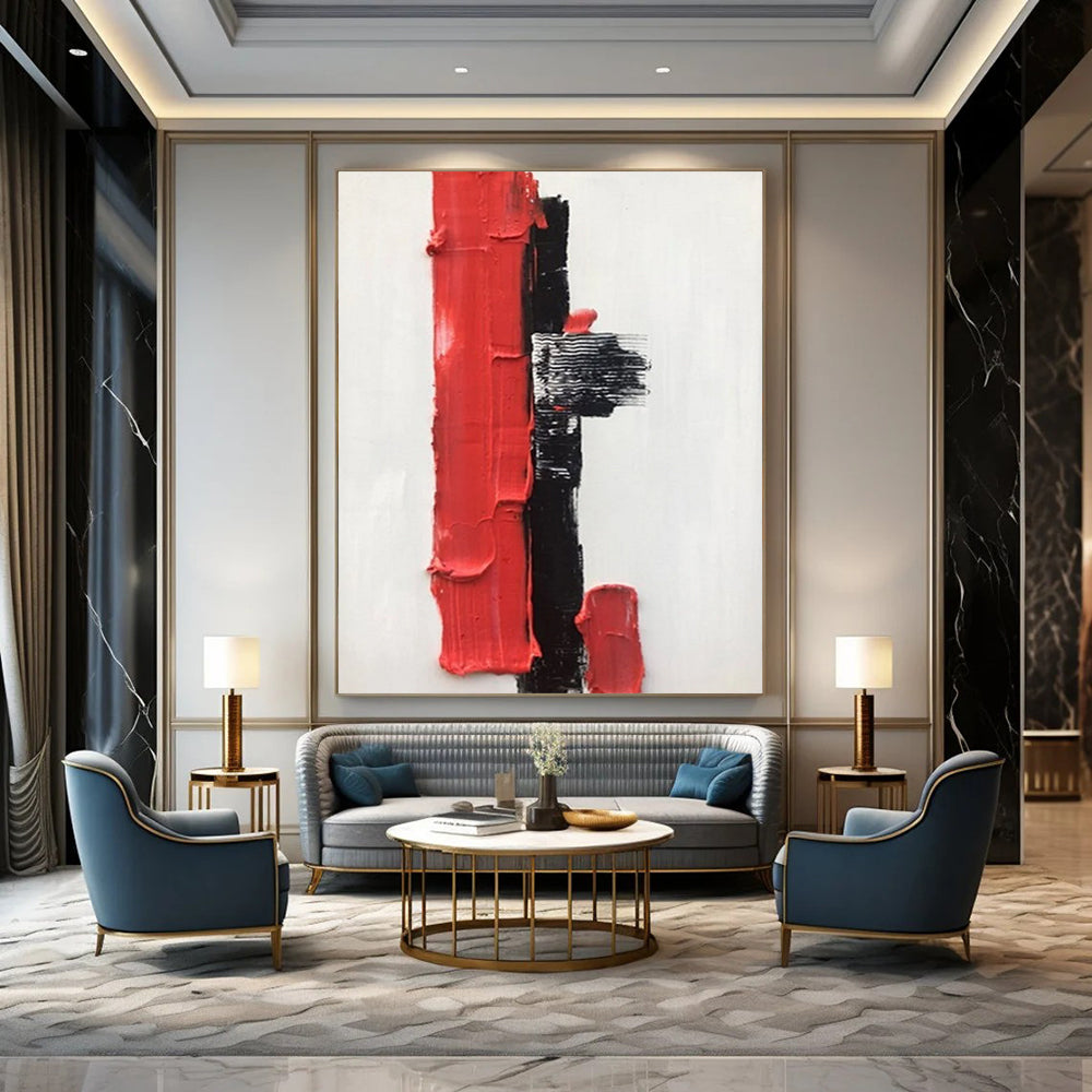 “White, Black, Red Textured Blocks ‘Bold Simplicity’” - Impasto Abstract Painting On Canvas DTP390