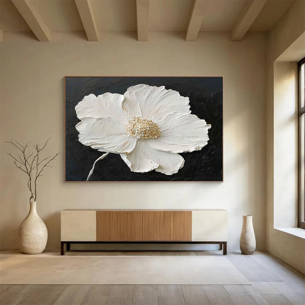 “Textured White Flower on Black” 3D Floral Painting On Canvas DLZ091