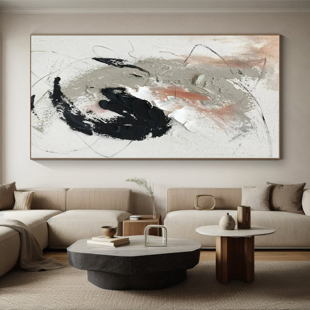 “Gray - Black - White - Peach Abstract Swirls” ,Abstract Acrylic Painting CT0809