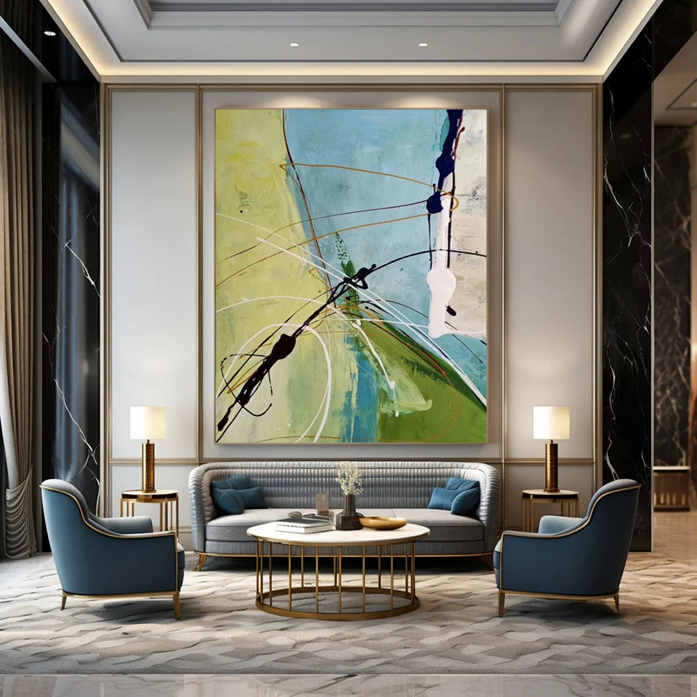 Green, Blue, White & Brown Linear Interplay - Abstract Painting On Canvas CT2307