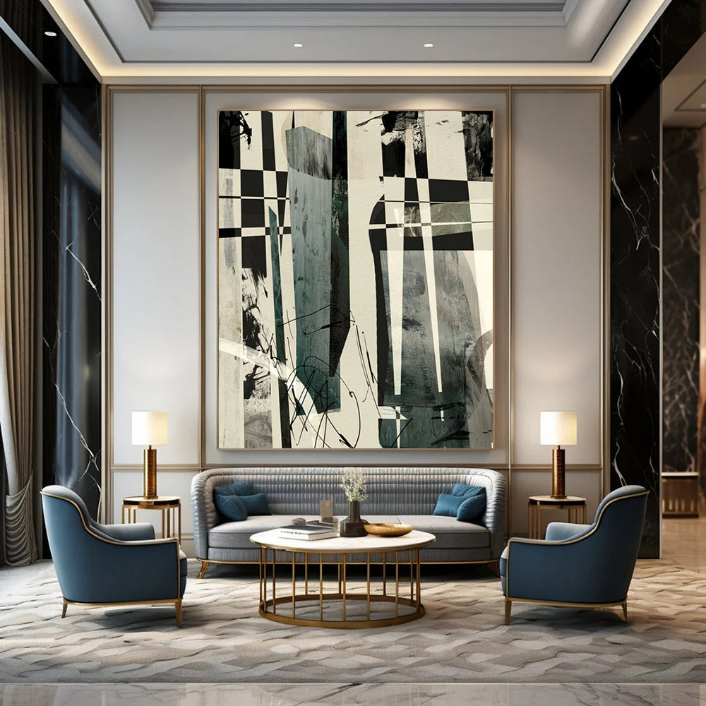 “Checkerboard Abstract Fusion” - Black, White, Gray Abstract Painting On Canvas DTP218