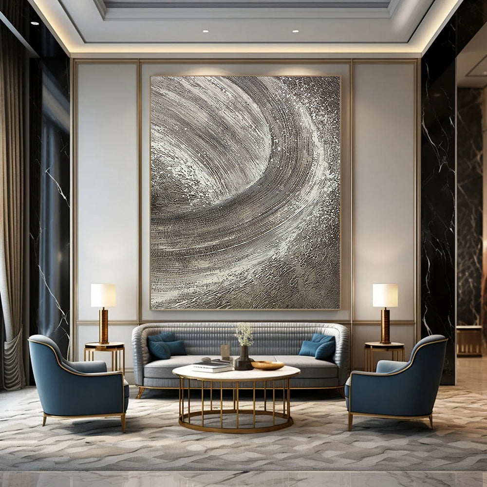 “Silver Swirl” - Gray & White Textured Abstract Circles Painting On Canvas DKH1542