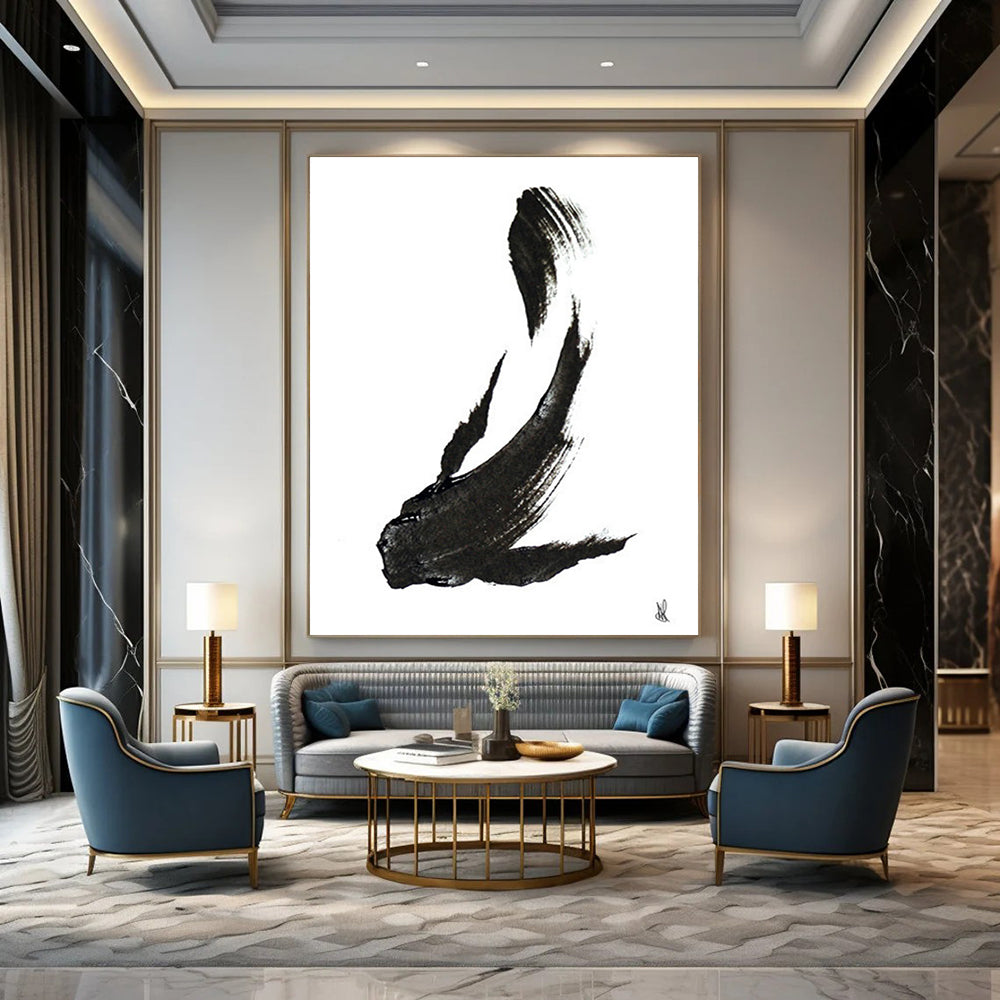 “Ink - Black Fish Silhouette” - Minimalist Ink Painting On Canvas DTP181