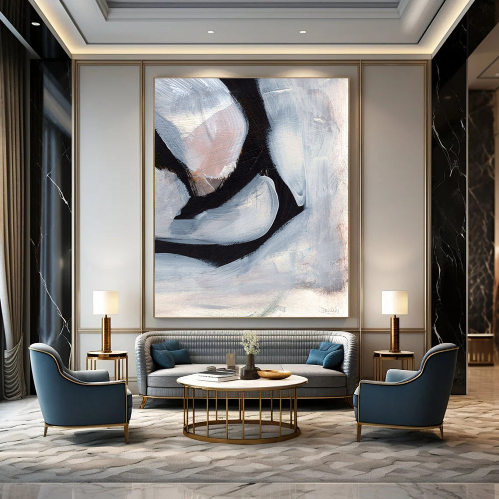 “Black & White Abstract Shapes” - Black, White Abstract Painting On Canvas DTP228