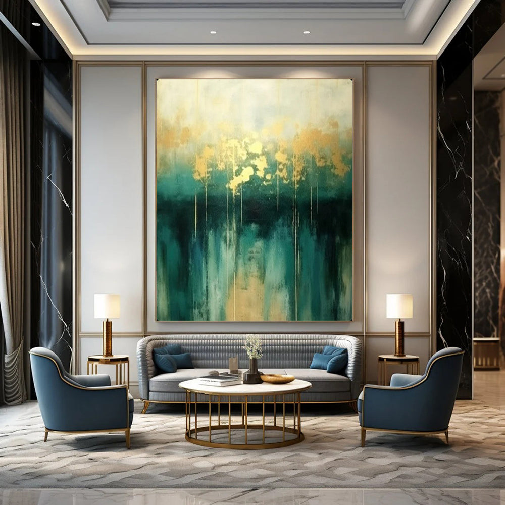 “Teal and Gold Abstract Art” – Minimalist Oil Painting On Canvas CT2168