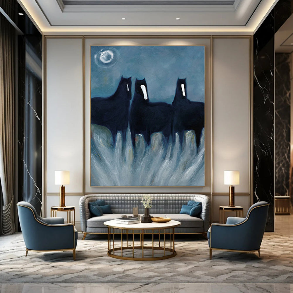 Mystical Black Horses in Tall Grass - Equine Painting On Canvas DKH1444