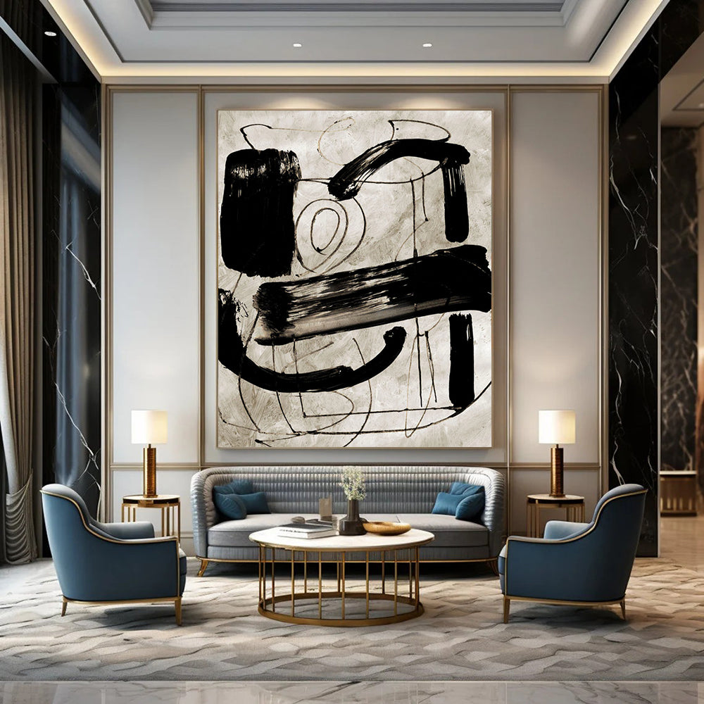 “Dynamic Black - and - White Gestures” - Abstract Expressionist Painting On Canvas DTP169