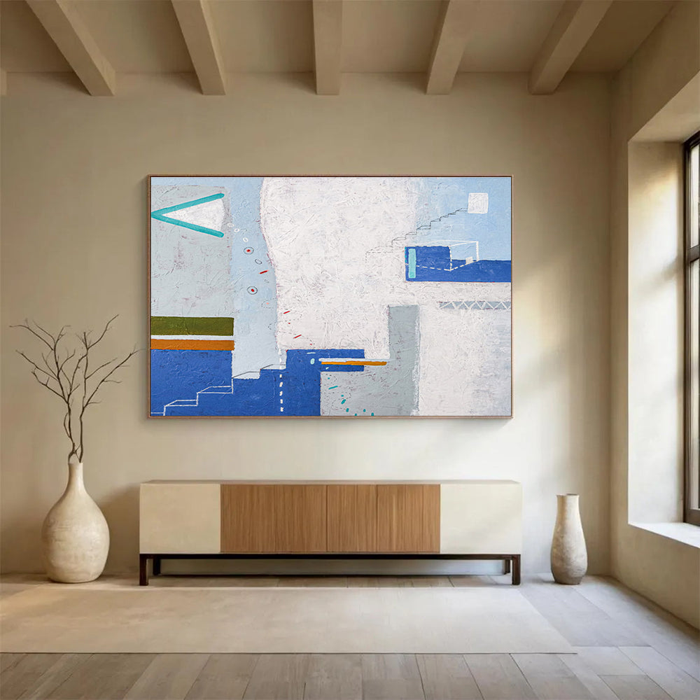 Color - Blocked Geometry with Blue, White, and Earth Tones, Abstract Cityscape Painting On Canvas DKH571