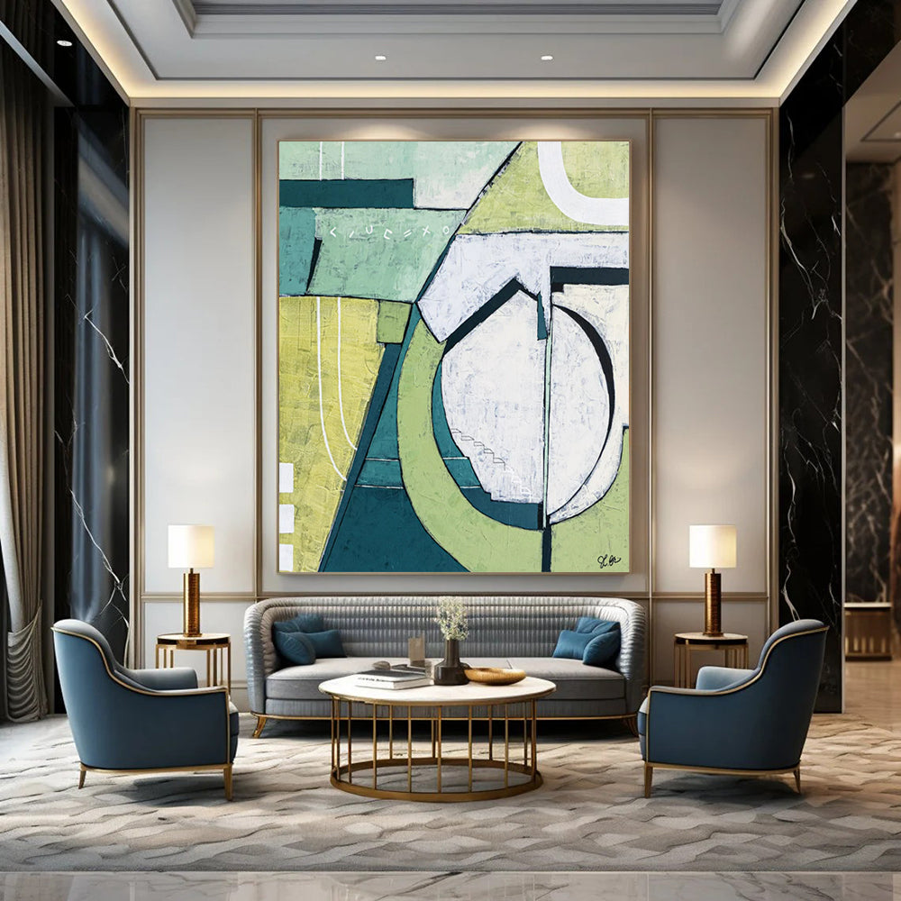 Mint and Olive Geometric Abstraction - A Calm, Structured Vision Painting On Canvas CT2375