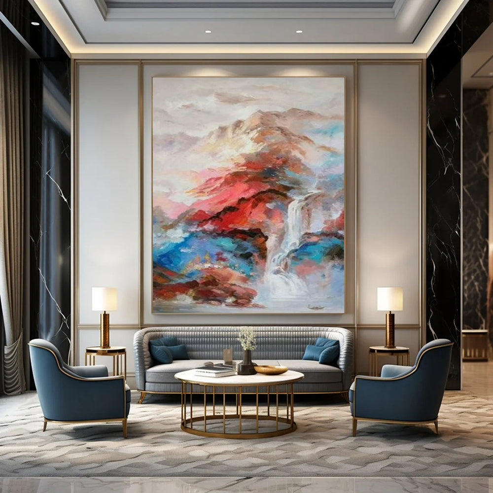 “Colorful Abstract Landscape with Waterfall” - Abstract Painting On Canvas CT2346