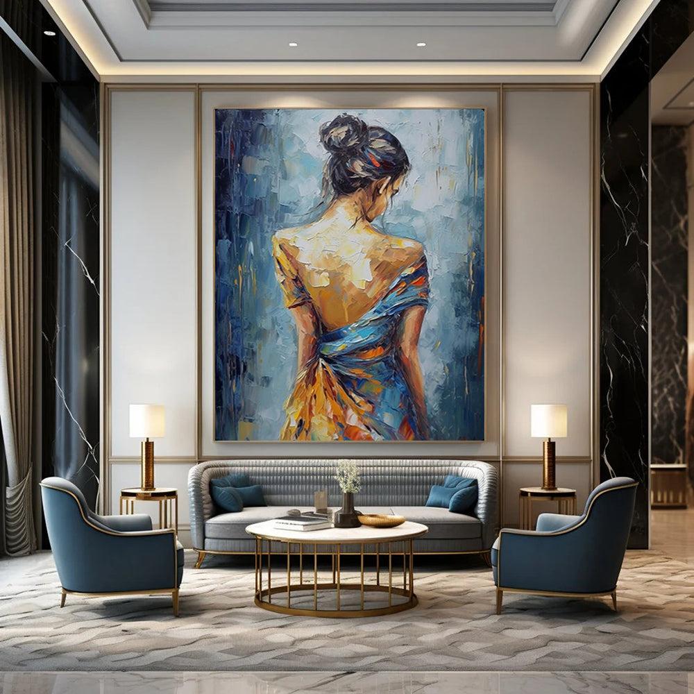 “Back View of Colorful - Dressed Woman” – Impressionistic Figure Oil Painting On Canvas CT2137