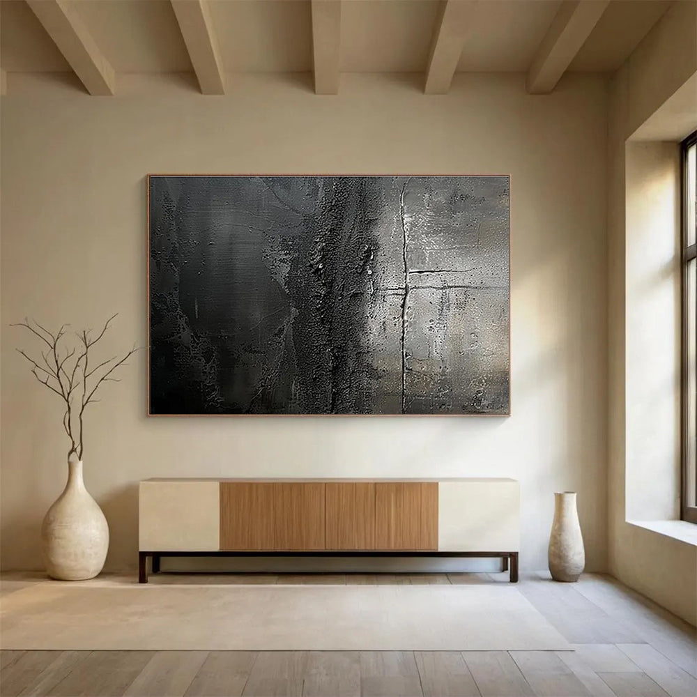 Dark Gray Textured Abstract “Moody Textured Depths” Painting On Canvas DKH150