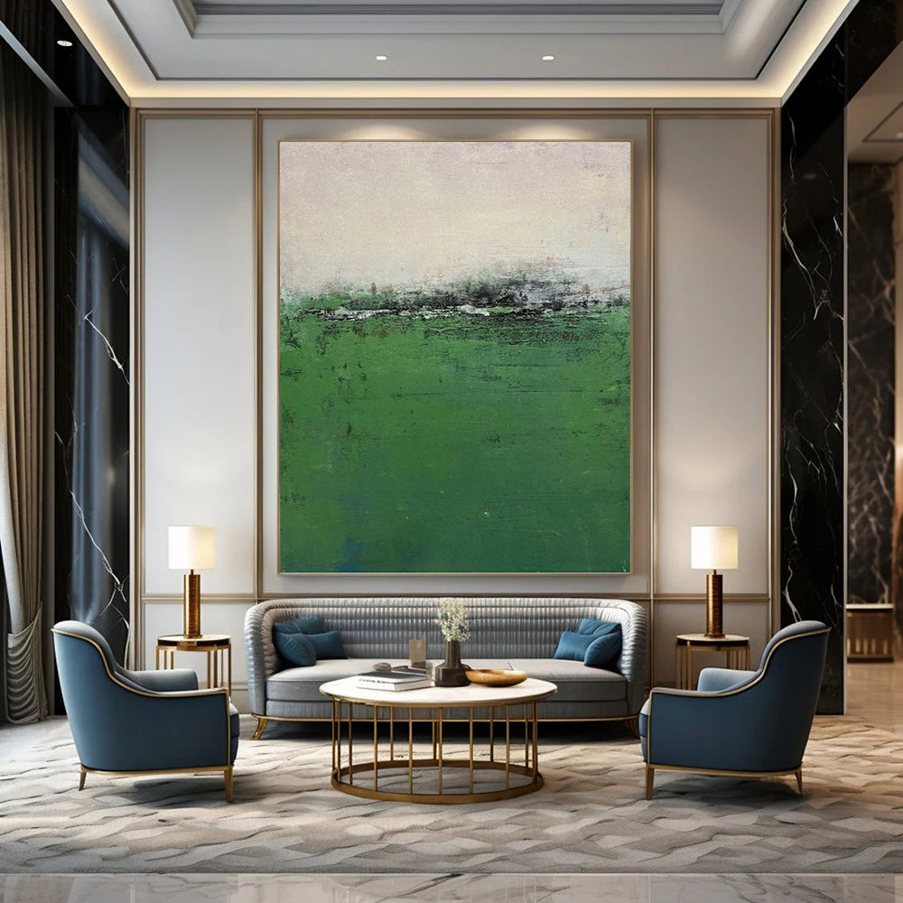 “Misty Green Field” - Green & Gray Abstract Landscape Painting On Canvas DKH1207