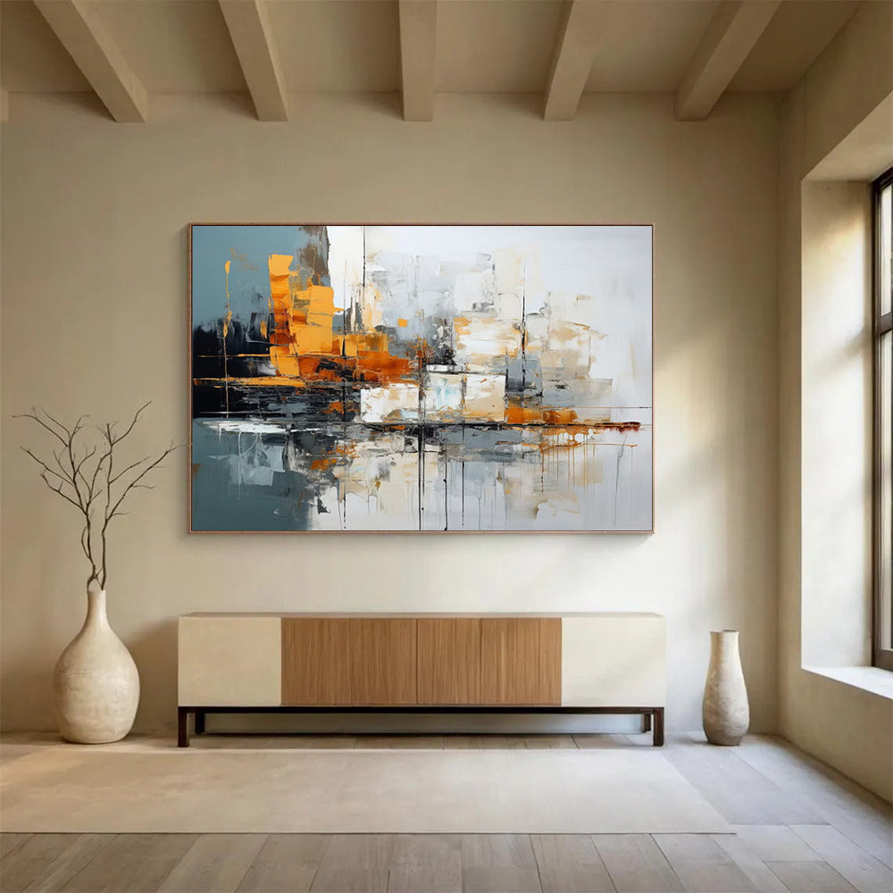 “Gray, Orange, White Urban ‘Cityscape Rhythm’” - Abstract Cityscape Painting On Canvas DLZ002
