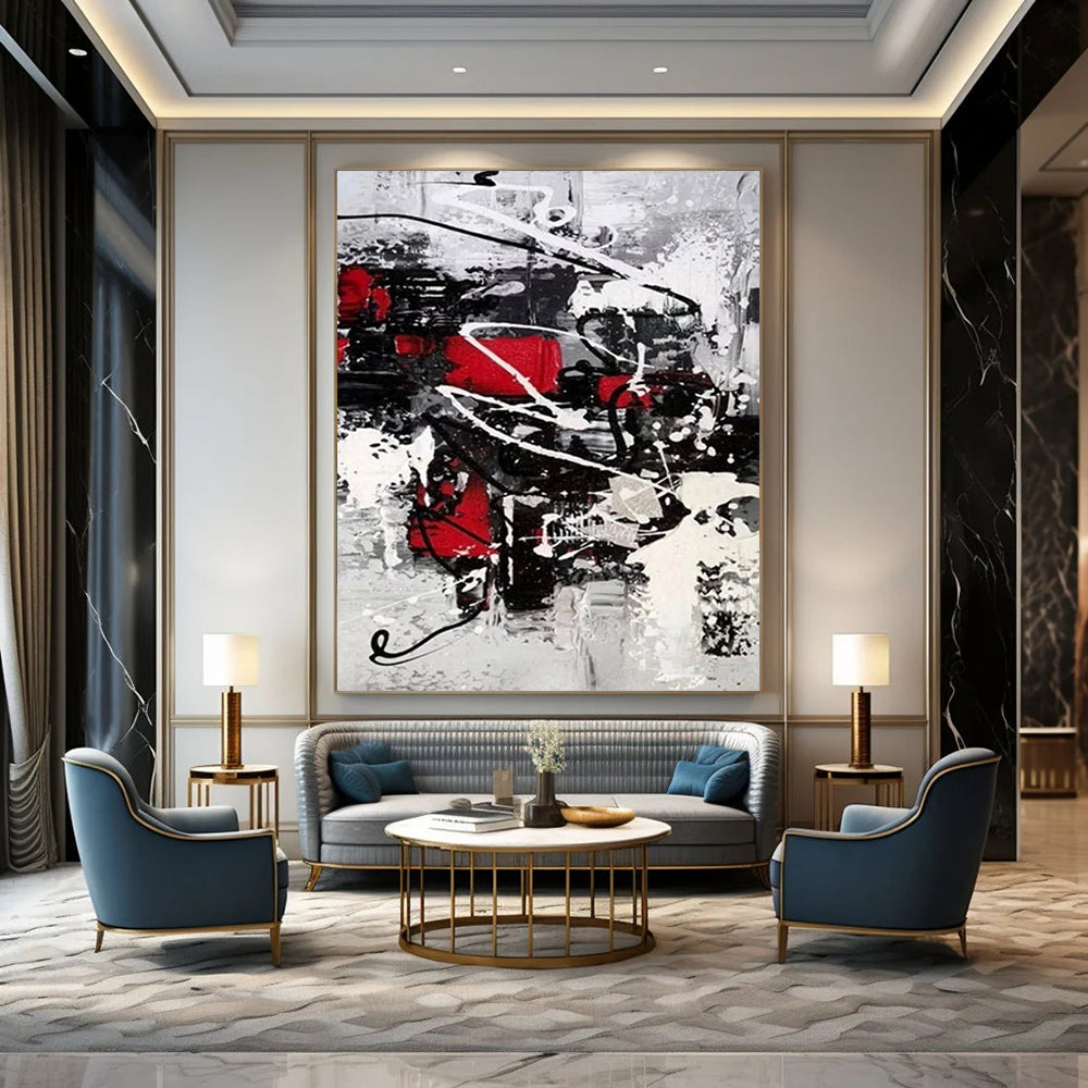 “Black, White, Red Dynamic Splashes ‘Vibrant Chaos’” - Impasto Abstract Painting On Canvas DTP383