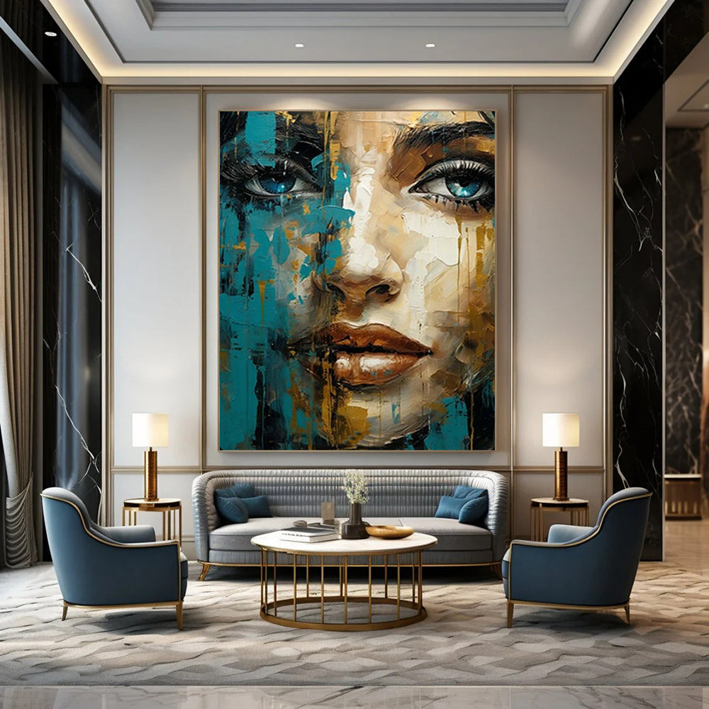 “Blue and Gold Abstract Portrait” – Expressive Oil Painting On Canvas CT2132
