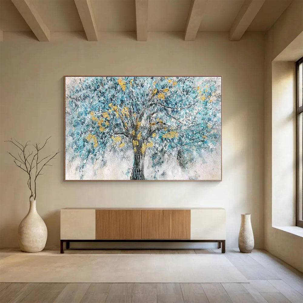 Blue Tree with Yellow Blossoms - Blue, Yellow & Gray Landscape Painting On Canvas DKH889