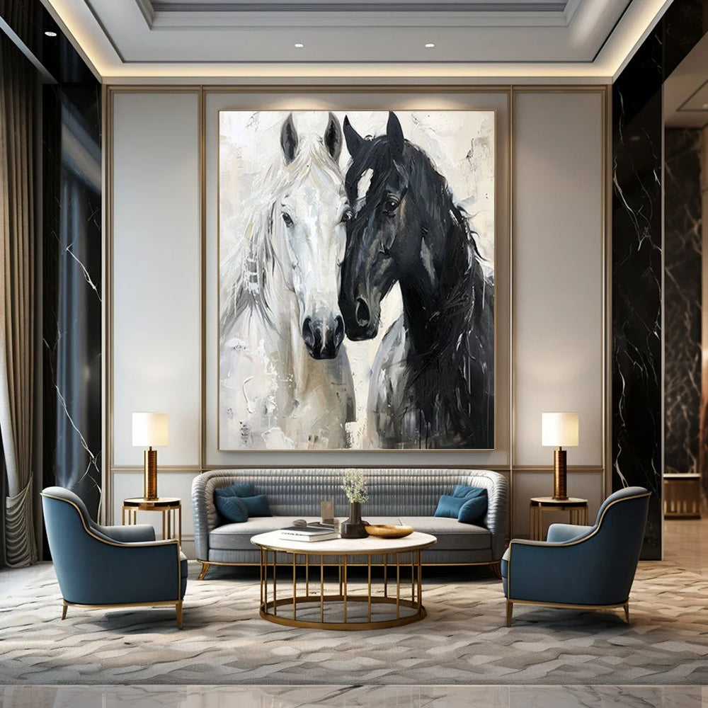 Black and White Horse Duet - Expressive Equine Painting On Canvas DKH1401