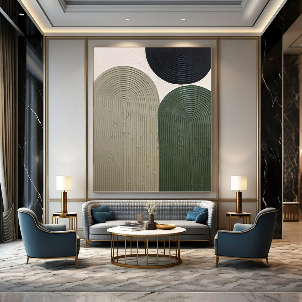 “Earthy Arches” - Black, Beige & Green Textured Curves Painting On Canvas DKH1166