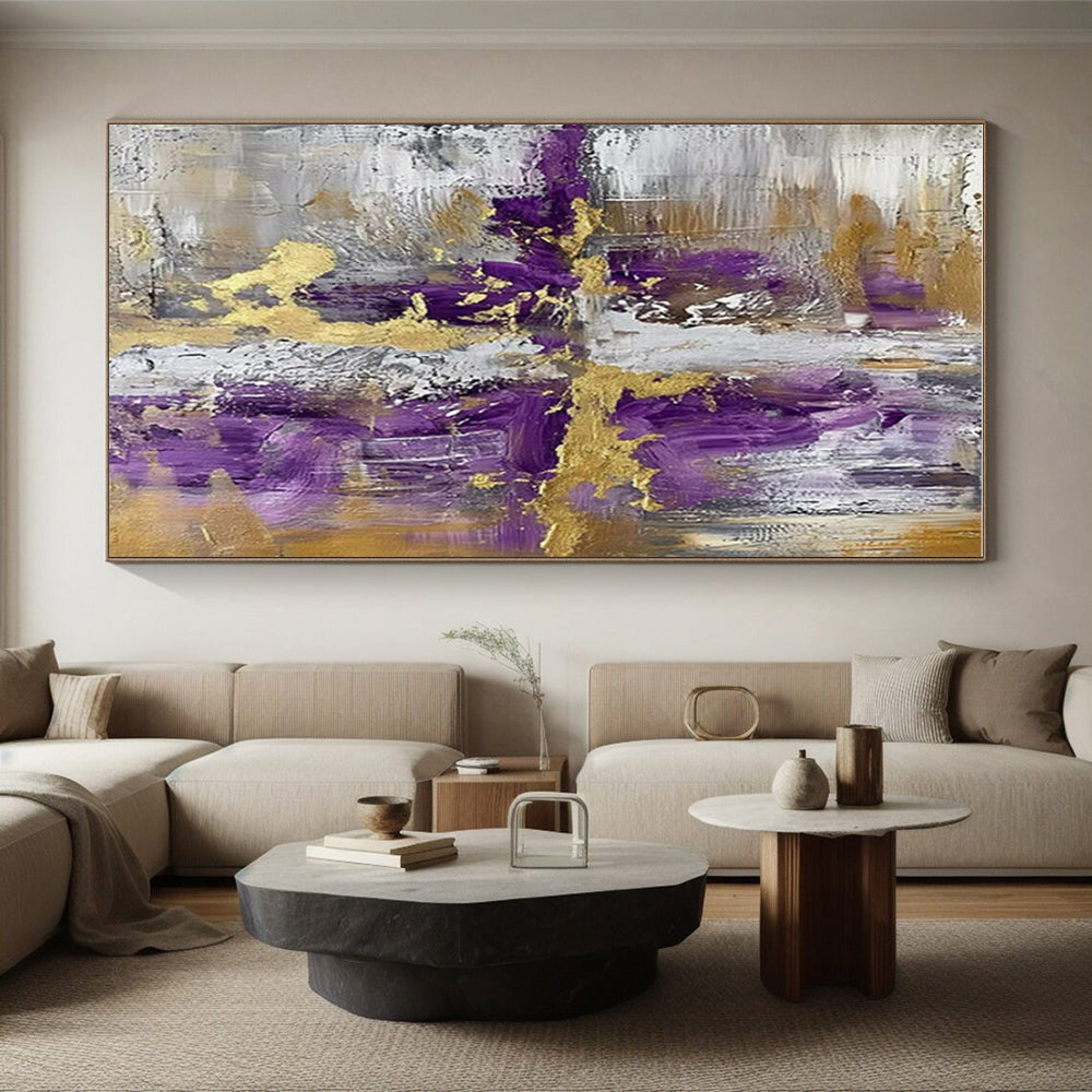“Purple - Gold - Gray Abstract Cross” ,Abstract Acrylic Painting CT0846