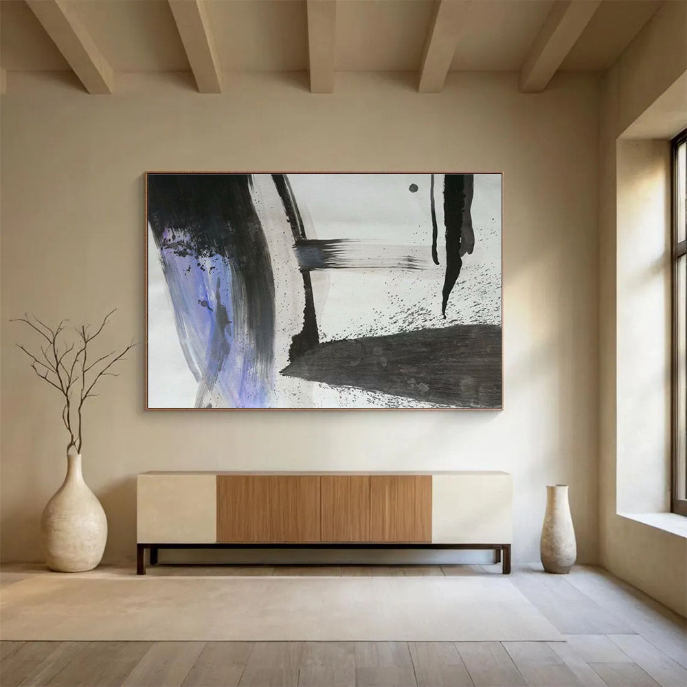 “Black, White, and Purple Abstract” - Minimalist Abstract Painting On Canvas DKH852