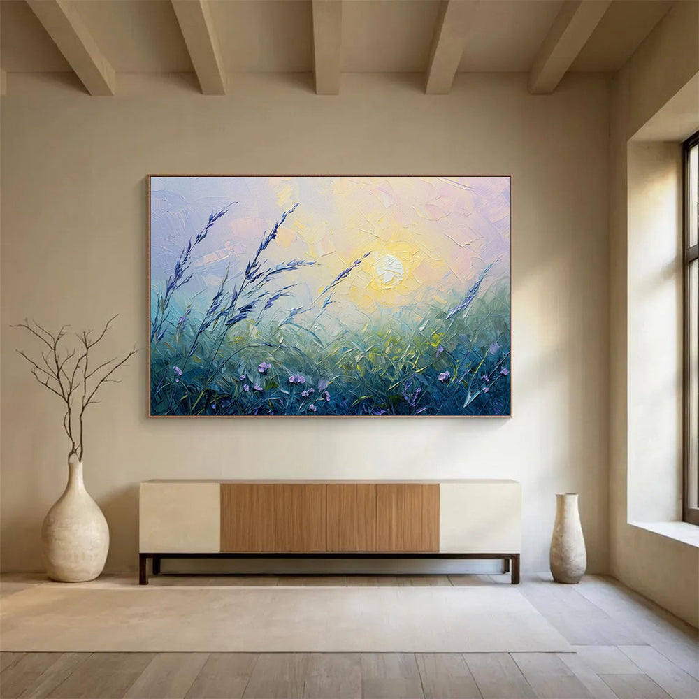 “Pastel Meadow at Sunset” - Soft Purple, Green, Yellow Impressionistic Landscape Painting On Canvas DKH762