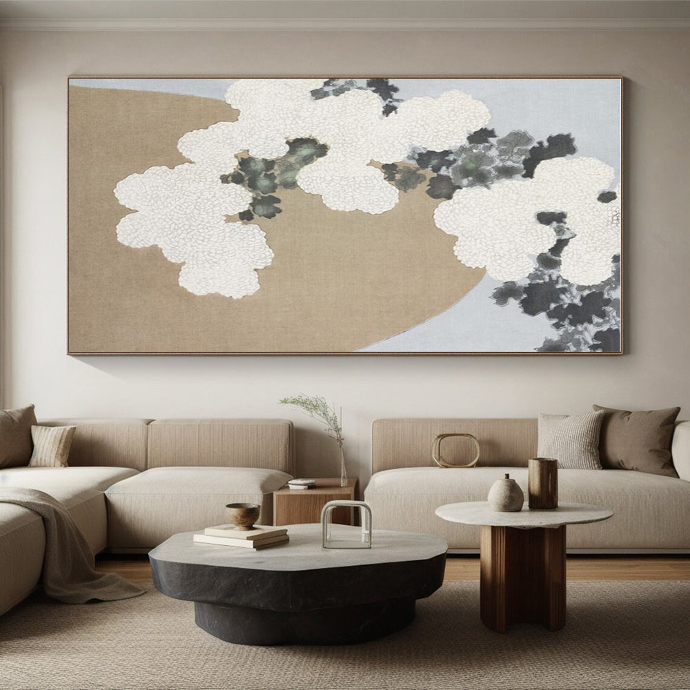 White Flowers & Gray Foliage on Beige, “Chrysanthemum Serenity” - Traditional - Inspired Acrylic Painting CT0750