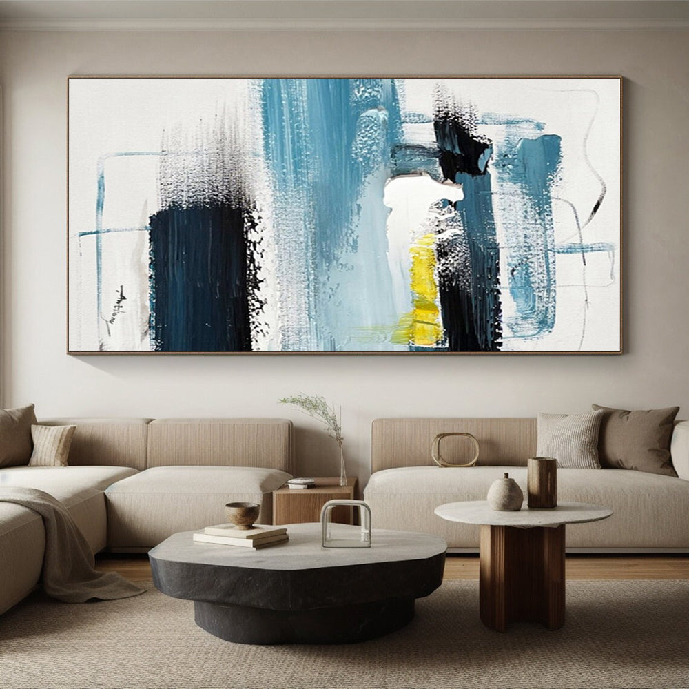 Blue, Black, White & Yellow Abstract Layers, “Coastal Rhythm” - Impasto Abstract Painting CT0778