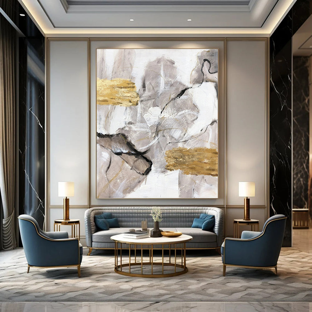 Neutral Tones with Gold Accents - Abstract Minimalist Painting On Canvas DKH1267