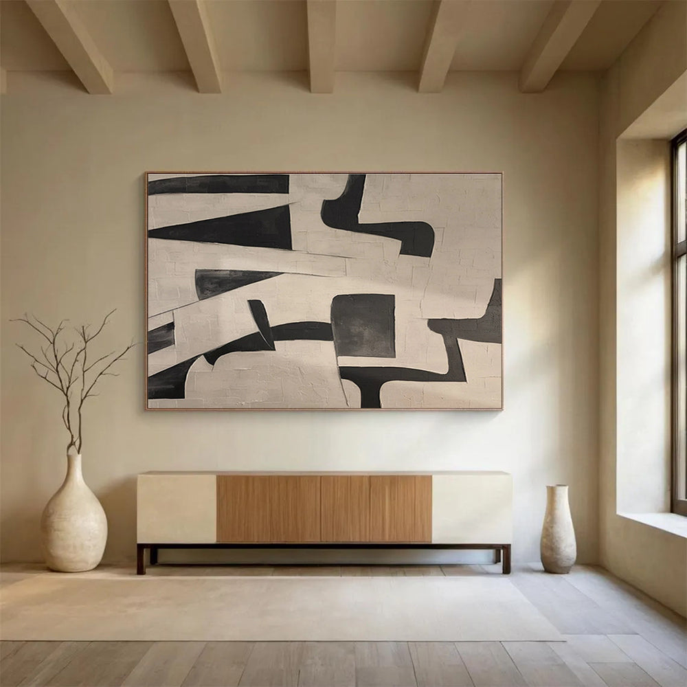 Black and White Geometric Abstract “Bold Geometric Contrast” Painting On Canvas DKH085