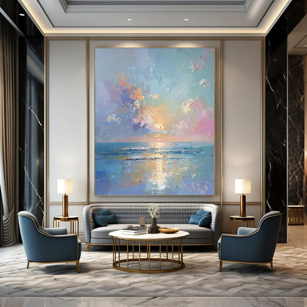 “Pastel Sea Sunset” - Blue, Pink & Orange Seaside Sunset Painting On Canvas CT2202