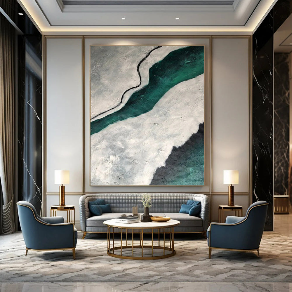 “Gray, Teal, Black Textured River ‘Ethereal Flow’” - Impasto Abstract Painting On Canvas DTP403