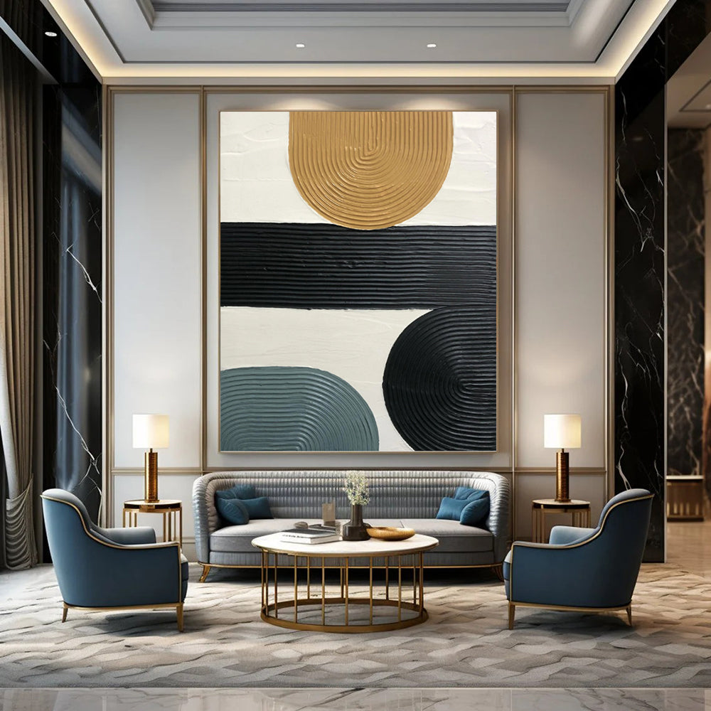 “Neutral Geometric Ribbons” - Black, Tan & Blue Textured Shapes Painting On Canvas DKH1177