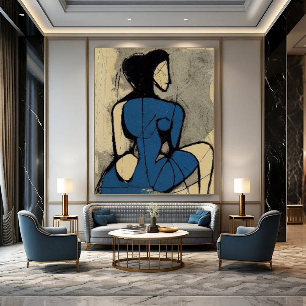Abstract Blue - Clad Woman in Cubist Style - Figurative Painting On Canvas DKH1417