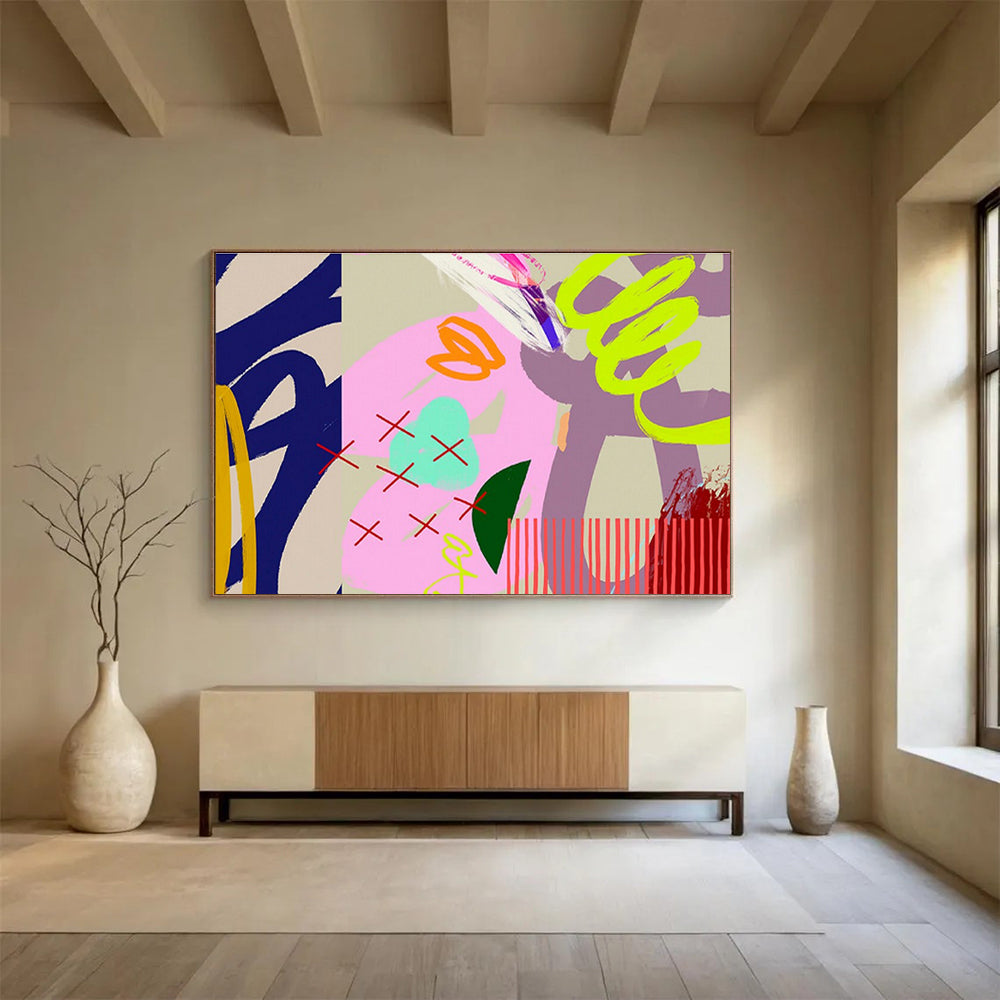 Bold Graphic Abstract in Pink, Neon, and Patterns Painting On Canvas DKH200