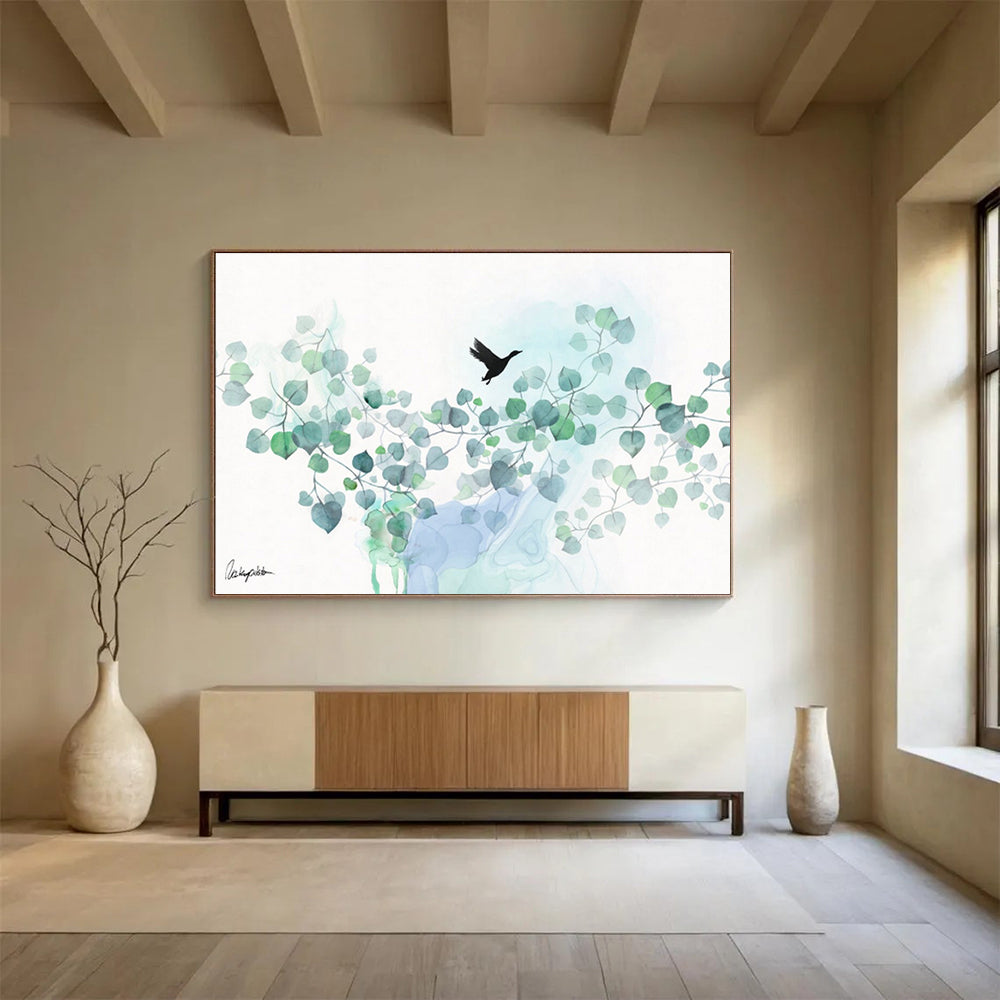 “Minimalist Bird and Foliage” Watercolor - Style Nature Painting On Canvas DKH539