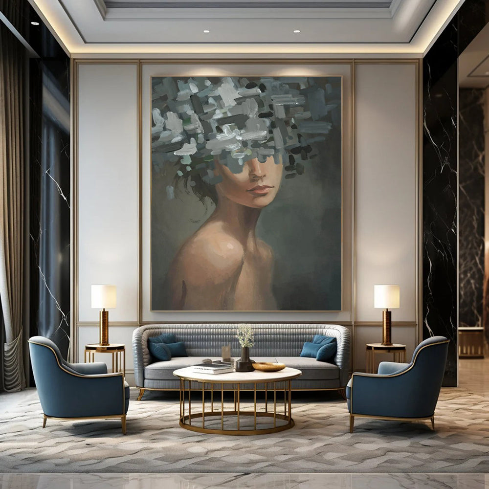 “Gray, Green, White Floral Head ‘Ethereal Veil’” - Figurative Flower Painting On Canvas DTP328